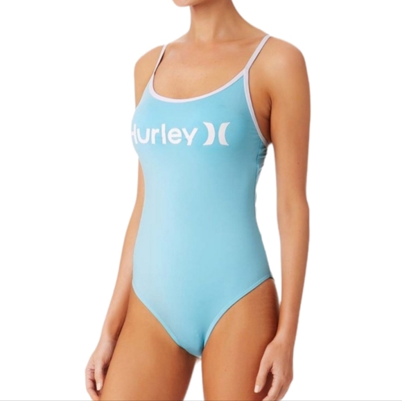 HURLEY Light Blue & White Hem Back Cutout Front Logo One Piece Swimsuit - Picture 2 of 8